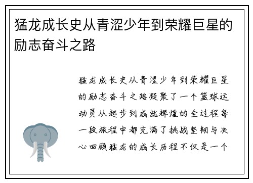 猛龙成长史从青涩少年到荣耀巨星的励志奋斗之路 猛龙成长史从青涩少年到荣耀巨星的励志奋斗之路