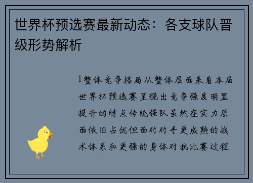 世界杯预选赛最新动态：各支球队晋级形势解析